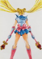 1girl back_bow battle_damage bishoujo_senshi_sailor_moon bishoujo_senshi_sailor_moon_r blonde_hair blue_sailor_collar blue_skirt boots bow commentary_request crescent crescent_earrings cutie_moon_rod double_bun dual_wielding earrings feet_out_of_frame floating_hair from_behind fukano_youichi gloves hair_bun highres holding holding_wand jewelry knee_boots kneepits leotard long_hair magical_girl miniskirt official_artist_extra pleated_skirt red_boots red_bow sailor_collar sailor_moon simple_background skirt solo spiral_heart_moon_rod standing torn_boots torn_bow torn_clothes torn_gloves torn_leotard torn_skirt traditional_media tsukino_usagi twintails wand white_background white_gloves white_leotard 