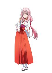  1girl arm_behind_back artist_request breasts closed_mouth collarbone full_body hair_between_eyes hakama hand_in_own_hair hand_up horns japanese_clothes kimono long_hair long_sleeves looking_at_viewer medium_breasts miko official_art oni pink_eyes pink_hair red_hakama red_sandals red_trim sandals second-party_source shuna_(tensura) simple_background smile socks solo standing tensei_shitara_slime_datta_ken transparent_background white_horns white_kimono white_socks 