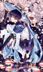  1boy absurdres abyss_of_alyss animal_print armor belt bird_print bishounen black_belt black_bow black_bridal_gauntlets black_hair black_sandals black_shorts blue_cape blue_hat blue_jingasa blue_sleeves blunt_ends bow bridal_gauntlets bug butterfly cape cherry_blossoms closed_mouth clothing_cutout eyelashes eyeliner falling_petals feathers flower from_side furisode genshin_impact gold hand_up hat highres hip_vent japanese_armor japanese_clothes jingasa kimono kote kurokote layered_sleeves leg_warmers looking_at_viewer lotus makeup male_focus petals pink_petals pom_pom_(clothes) purple_rope purple_sash red_eyeliner reflection reflective_liquid ripples rope sandals sash scaramouche_(genshin_impact) short_sleeves shorts side_cape sitting_on_water smile solo squatting stirrup_legwear tilted_headwear toeless_legwear toenails toes tsurime violet_eyes wanderer_(genshin_impact) white_kimono white_leg_warmers white_sleeves white_trim yellow_feathers zouri 
