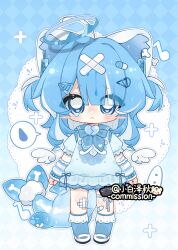  1girl :< ahoge animal_ears arm_warmers artist_name baili_(mhs_1830189) bandaid bandaid_hair_ornament bandaid_on_knee bandaid_on_leg blue_arm_warmers blue_background blue_dress blue_eyes blue_hair blue_socks blunt_bangs blush blush_stickers cat_ears cat_girl checkered_background chibi chibi_only closed_mouth commission dress fins fish_tail full_body gauze_on_knee hair_intakes hair_ornament hairclip highres kneehighs long_hair looking_at_viewer mihuashi_commission nose_blush original outline pill_hair_ornament shoes short_sleeves socks solo spoken_sweatdrop standing straight-on striped_arm_warmers sweatdrop tail thigh_strap white_outline white_shoes 