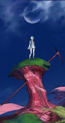  aqua_hair blue_dress blue_hair boots collar collarbone dress eureka_(eureka_seven) eureka_seven_(series) full_body full_moon grass highres loading_(104d1n9) moon mountain mountainous_horizon night short_hair standing thigh-highs thigh_strap violet_eyes white_boots white_dress 