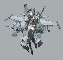  bare_shoulders black_thighhighs breasts detached_sleeves dress external_fuel_tank f/a-18e_super_hornet frider grey_dress grey_hair highres mecha_musume medium_breasts original personification side_slit tachi-e tagme thigh-highs twintails vehicle_and_personification vfa-37 war_thunder wings yellow_eyes 