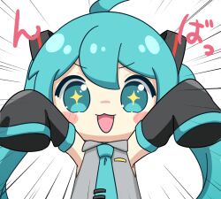  +_+ 1girl :3 :d ahoge blue_eyes blue_hair blue_necktie blush_stickers chibi chibi_only commentary_request detached_sleeves double-parted_bangs emphasis_lines hair_between_eyes hands_up hatsune_miku long_hair long_sleeves looking_at_viewer necktie nukotun open_mouth simple_background sleeves_past_fingers sleeves_past_wrists smile solo tie_clip twintails upper_body v-shaped_eyebrows very_long_hair vocaloid white_background 