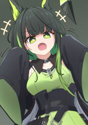  +++ 1girl absurdres arknights black_hair black_jacket black_sash bright_pupils colored_inner_hair commentary ext0025ja fang green_background green_eyes green_hair green_shirt hands_up highres jacket long_hair looking_at_viewer mon3tr_(arknights) multicolored_hair open_mouth sash shirt simple_background sleeves_past_fingers sleeves_past_wrists solo split_mouth upper_body white_pupils 