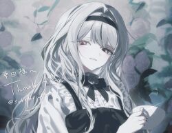 1girl apron black_apron black_bow black_bowtie black_hairband black_nails bow bowtie center_frills colored_eyelashes commentary_request commission commissioner_name cup english_text film_grain flower frills glint grey_hair hair_intakes hairband highres holding holding_cup long_hair mixed-language_text neck_flower original rose shirt skeb_commission smile solo suketoru000 teacup thank_you upper_body white_flower white_rose white_shirt 