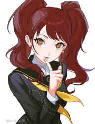  1girl artist_name brown_eyes brown_hair commentary_request earrings highres jewelry kujikawa_rise long_hair looking_at_viewer mudo_on8 neckerchief open_mouth persona persona_4 school_uniform smile solo twintails twitter_username yasogami_school_uniform yellow_neckerchief 