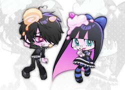  1boy 1girl :p ahoge aqua_eyes arm_behind_head bakedgyul belt belt_buckle black_dress black_hair black_nails black_pants black_pantyhose black_shirt black_shoes blush bow bright_pupils buckle cake chibi clip_studio_paint_(medium) closed_mouth collared_dress commentary_request cream cross_tie dress drooling emo_fashion eyebrow_cut floating_hair food food_on_face food_on_head fruit full_body hair_bow hair_over_one_eye heart heart-shaped_pupils heart_ahoge honekoneko_(psg) jewelry juliet_sleeves korean_commentary large_bow licking licking_hand long_sleeves looking_at_another looking_at_viewer mouth_drool multicolored_eyes multicolored_hair necklace object_on_head oc_x_canon one_eye_covered open_mouth original pants panty_&amp;_stocking_with_garterbelt pantyhose pink_eyes pink_hair pink_streaks print_shirt puffy_sleeves purple_bow purple_cross_tie purple_pantyhose raised_inner_eyebrows ringed_eyes shirt shoes short_sleeves skinny_jeans skull_print smile sparkle standing stocking_(psg) strawberry streaked_hair striped_clothes striped_pantyhose stuffed_animal stuffed_cat stuffed_toy swiss_roll symbol-shaped_pupils t-shirt tongue tongue_out two-tone_eyes two-tone_hair two-tone_pantyhose white_background white_belt white_mouth white_pupils wing_collar yellow_eyes zoom_layer 