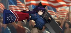  1girl absurdres alternate_costume american_flag belt black_belt blake_belladonna blue_shirt blurry blurry_background brown_eyes brown_pants crowd darthcat1234 depth_of_field dual_wielding fingerless_gloves gloves highres holding holding_shield long_hair looking_at_viewer pants patriot_front purple_hair rwby shield shirt solo_focus 
