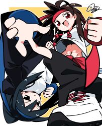 2girls :d abs ahoge black_eyes black_jacket black_pants black_sports_bra blue_hair blue_hairband border breasts brown_hair clenched_hand colored_shoe_soles commentary_request floating_clothes floating_hair foreshortening generalcanon hairband headband highres hood hoodie jacket jitome large_breasts long_hair long_sidelocks long_sleeves looking_at_viewer looking_down midriff_peek multiple_girls navel open_clothes open_jacket open_mouth original outline outside_border pants ponytail reaching reaching_towards_viewer red_headband rotational_symmetry shirt shoelaces sidelocks sideways_glance signature smile sports_bra takebana_nanoha takebana_sumire tomboy upside-down white_border white_hoodie white_outline white_shirt wristband yellow_background 