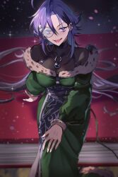  1girl absurdres commentary_request crossed_legs dress duel_monster fur-trimmed_dress fur_trim green_dress highres hsin long_hair long_sleeves monocle off-shoulder_dress off_shoulder open_mouth purple_dress sitting solo violet_eyes witchcrafter_marka yu-gi-oh! 