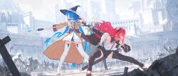  3girls 6+boys absurdly_long_hair ahoge armor arms_up belt black_belt black_boots black_gloves black_hairband black_shorts blue_eyes blue_hair boots braid breasts brown_coat brown_jacket brown_shoes cape closed_mouth clothing_request coat commentary_request day dress eris_greyrat fingerless_gloves floating_hair fur-trimmed_jacket fur_trim gloves green_cape hairband hat highres holding holding_staff holding_sword holding_weapon jacket kana_kana_(qq1414933589) large_breasts long_hair mage_staff medium_hair multiple_boys multiple_girls mushoku_tensei open_mouth outdoors red_eyes red_hair roxy_migurdia shoes shorts staff sword sylphiette_(mushoku_tensei) thigh_boots twin_braids very_long_hair weapon white_boots white_dress white_hair witch_hat 