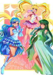  3girls :d ;d blonde_hair blue_boots blue_dress blue_eyes blue_gloves blue_hair boots dress elbow_gloves elgarez english_commentary gloves green_dress green_eyes green_gloves green_hair grin highres houshou_hanon idol long_hair magical_girl mermaid_melody_pichi_pichi_pitch multiple_girls nanami_lucia one_eye_closed open_mouth pink_boots pink_dress pink_gloves pink_lips sleeveless smile touin_rina twintails very_long_hair wavy_hair 