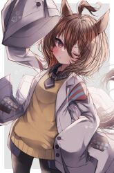  1girl :t agnes_tachyon_(tach-nology)_(umamusume) agnes_tachyon_(umamusume) ahoge animal_ears arm_up black_necktie black_pantyhose black_shirt blush brown_eyes brown_hair closed_mouth collared_shirt commentary_request grey_background hair_between_eyes highres horse_ears horse_girl horse_tail k0bo43 lab_coat long_sleeves looking_at_viewer necktie one_eye_closed open_clothes pantyhose pout red_eyes shirt simple_background sleeves_past_fingers sleeves_past_wrists solo sweater sweater_vest tail test_tube umamusume yellow_sweater 