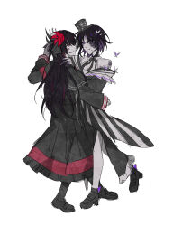  2girls absurdres apple bare_shoulders black_capelet black_hair black_hat black_horns black_kimono black_pantyhose black_shirt black_shoes black_skirt bow bug butterfly butterfly_hair_ornament capelet closed_mouth crown dress extra_eyes extra_horns flower food fruit hair_flower hair_ornament hat hat_flower highres horns housho_margo japanese_clothes kimono layered_skirt lolita_fashion long_hair long_skirt long_sleeves looking_at_another mahou_shoujo_no_majo_saiban mini_crown mini_hat mini_top_hat multiple_girls neck_ribbon nikaido_hiro off-shoulder_dress off_shoulder overskirt pantyhose pleated_skirt purple_butterfly red_eyes red_flower red_skirt ribbon shirt shoes short_hair side_capelet simple_background skirt spoilers top_hat touming_jun violet_eyes wa_lolita white_background witch_(manosaba) yuri 
