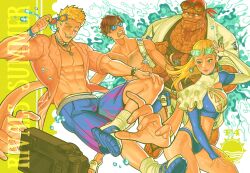  1girl 3boys bandana ben_grimm ben_grimm_(sunshine_thing) blonde_hair brown_hair camera chest_hair english_commentary english_text eyewear_on_head fantastic_four goggles highres iistach johnny_storm johnny_storm_(sunny_sizzler) long_arms looking_at_another marvel marvel_rivals multiple_boys official_alternate_costume open_mouth red_bandana reed_richards smile spiky_hair sue_storm sue_storm_(azure_shade) sunglasses swimsuit tongue tongue_out waving 