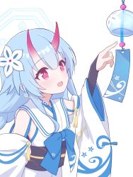  1girl artist_name aru_na321 blue_archive blue_bow blue_bowtie blue_hair blue_halo bow bowtie chise_(blue_archive) commentary_request detached_sleeves flat_chest flower from_side gradient_horns hair_flower hair_ornament halo highres horns japanese_clothes kimono long_hair looking_ahead multicolored_horns oni open_mouth pink_pupils pointing pointing_at_object red_eyes red_horns sailor_collar sash sideless_kimono simple_background skin-covered_horns smile solo twintails upper_body white_background white_flower white_kimono white_sailor_collar wind_chime 