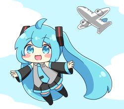  1girl :3 :d ahoge aircraft airplane blue_eyes blue_hair blue_necktie blue_sky blush_stickers chibi chibi_only clouds commentary_request day detached_sleeves double-parted_bangs flying full_body hair_between_eyes hatsune_miku long_hair necktie nukotun open_mouth outdoors sky smile solo twintails very_long_hair vocaloid 