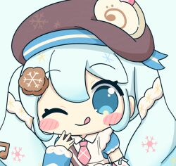  1girl :q ;q apron blue_background blue_dress blue_eyes blue_hair blush_stickers brown_hat chibi chibi_only closed_mouth commentary_request cookie_hair_ornament double-parted_bangs dress food-themed_hair_ornament hair_between_eyes hair_ornament hand_up hat hatsune_miku long_hair necktie nukotun one_eye_closed pink_necktie short_necktie short_sleeves simple_background smile solo tongue tongue_out twintails upper_body vocaloid white_apron yuki_miku yuki_miku_(2026) 