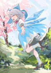  1girl absurdres blue_bow blue_dress blue_hair blue_sky bow brown_shoes cherry_blossoms cirno closed_eyes commentary_request day detached_wings dress hair_bow highres ice ice_wings leg_up neck_ribbon open_mouth outdoors pinafore_dress puffy_short_sleeves puffy_sleeves red_ribbon ribbon shi_chimi shirt shoes short_sleeves sky sleeveless sleeveless_dress smile socks solo standing standing_on_one_leg teeth touhou upper_teeth_only white_shirt white_socks wings 