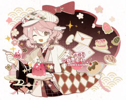  1girl :d ;d brown_eyes commentary commission doughnut envelope food fruit gelatin hair_between_eyes hat head_wings highres holding holding_spoon huasha japanese_clothes kimono lace-trimmed_kimono lace_trim love_letter medium_hair mystia_lorelei one_eye_closed open_mouth pink_hair smile solo spoon strawberry touhou upper_body watermark white_hat white_wings wide_sleeves wings 