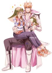  1boy 1girl absurdres arm_around_another's_waist artist_name black_choker blonde_hair blue_pants boots carly_nagisa choker coat commentary glasses green_hair heart highres holding holding_stuffed_toy jack_atlas long_hair nomae.jie pants shirt shoes simple_background sitting sitting_on_lap sitting_on_person smile sneakers sparkle striped_clothes striped_shirt stuffed_toy watermark white_background white_boots white_coat yu-gi-oh! yu-gi-oh!_5d's 