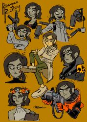  1girl bags_under_eyes bare_shoulders buttons character_name closed_mouth coat coffee coffee_mug coffee_pot collared_shirt commentary cup earrings english_commentary eyelashes eyepatch fingernails green_pants grey_shirt gun hand_on_own_face head_wreath holding holding_gun holding_weapon inside_job jewelry lab_coat mechanical_arms medium_hair milsae mug multiple_views one_eye_closed open_mouth pants ponytail pouring reagan_ridley shirt shoes signature simple_background sitting smile teeth thick_eyebrows upper_teeth_only weapon white_coat white_shoes yellow_background 