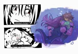  1girl 1other armlet bracelet brown_hair colored_sclera commentary crying deltarune english_commentary english_text furry furry_female green_sweater highres i'm_such_a_fool jewelry kris_(deltarune) long_hair mahou_shoujo_madoka_magica mahou_shoujo_madoka_magica_(anime) mole mole_under_mouth purple_hair red_eyes reptile_girl short_hair smbdylsss spiked_armlet spiked_bracelet spikes submerged susie_(dark_world)_(deltarune) susie_(deltarune) sweater utdr_(toby_fox) water yellow_sclera 