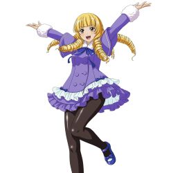  1girl :d arms_up black_pantyhose blonde_hair blue_bow blue_ribbon blue_shoes blunt_bangs bow breasts brown_eyes buttons capelet chest_ribbon double-breasted dress drill_hair foot_out_of_frame footwear_bow fur-trimmed_collar fur-trimmed_sleeves fur_trim game_asset ikkitousen ikkitousen_extra_burst long_hair long_sleeves looking_at_viewer minamoto_kurou_yoshitsune_(ikkitousen) non-web_source official_art open_mouth outstretched_arms pantyhose purple_capelet purple_dress ribbon self-datamine shoes simple_background small_breasts smile solo spread_arms standing standing_on_one_leg teeth transparent_background upper_teeth_only 