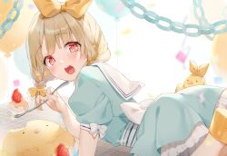  1girl aqua_dress balloon blonde_hair blush bow commentary_request confetti dress food fork fruit hair_bow highres holding holding_fork kinako_(shiratama_mochi) kogara_toto multicolored_hair official_art open_mouth puffy_short_sleeves puffy_sleeves red_eyes sailor_collar second-party_source shoes short_sleeves solo strawberry streaked_hair streamers teeth tongue upper_teeth_only virtual_youtuber vspo! white_bow white_sailor_collar yellow_bow yellow_shoes 