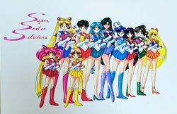  6+girls aino_minako ankleband aqua_hair aqua_sailor_collar aqua_shoes aqua_skirt bishoujo_senshi_sailor_moon bishoujo_senshi_sailor_moon_s black_eyes black_hair blonde_hair blue_boots blue_bow blue_eyes blue_hair blue_sailor_collar boots bow brown_hair chibi_usa child choker circlet closed_mouth commentary_request concept_art double_bun fukano_youichi gloves green_boots green_hair green_sailor_collar green_skirt hair_bobbles hair_bun hair_ornament hairband high_heel_boots high_heels highres hino_rei holding holding_staff holding_wand kaiou_michiru knee_boots leotard long_hair looking_at_viewer magical_girl meiou_setsuna miniskirt mizuno_ami multiple_girls orange_bow orange_sailor_collar orange_shoes orange_skirt pink_boots pink_bow pink_hair pleated_skirt ponytail prototype_design purple_boots purple_bow purple_hair purple_sailor_collar purple_skirt red_boots red_hairband red_sailor_collar red_shoes red_skirt sailor_chibi_moon sailor_collar sailor_jupiter sailor_mars sailor_mercury sailor_moon sailor_neptune sailor_pluto sailor_saturn sailor_uranus sailor_venus shoes short_hair simple_background skirt smile staff standing super_sailor_chibi_moon ten'ou_haruka tomoe_hotaru traditional_media tsukino_usagi twintails wand wavy_hair white_background white_gloves white_leotard yellow_boots yellow_bow yellow_sailor_collar yellow_skirt 