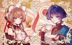  1boy 1girl armor biscuit_(bread) bishounen black_bodysuit black_bridal_gauntlets black_corset black_sleeves blue_cape blue_kimono blue_sleeves blunt_bangs blunt_ends bodysuit bonnet border bow bridal_gauntlets brooch brown_hair cape closed_mouth colored_eyelashes corset cup detached_collar detached_sleeves dress food-themed_background frilled_sleeves frills gem genshin_impact gold gold_ring hair_bow hair_intakes hand_up highres holding holding_cup holding_plate japanese_armor japanese_clothes jewelry juban kimono kote kurokote layered_sleeves long_sidelocks looking_at_viewer mandarin_collar middle_ring open_clothes open_kimono ornate_border parted_lips plate purple_hair red_bow red_gem sandrone_(genshin_impact) scaramouche_(genshin_impact) short_hair short_hair_with_long_locks short_sleeves shoulder_peek side_cape sidelocks steam strapless strapless_dress swept_bangs teacup violet_eyes w02_14 wanderer_(genshin_impact) white_bonnet white_dress white_kimono white_mouth white_sleeves wispy_bangs yellow_border 