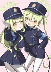  2girls absurdres armband belt black_tail blue_archive blue_armband blush buttons commentary_request double-breasted earrings fang gloves green_hair green_halo halo hat highlander_railway_academy_logo highres hikari_(blue_archive) jewelry long_hair long_sidelocks looking_at_viewer multiple_girls nozomi_(blue_archive) open_mouth pantyhose peaked_cap pointy_ears shorts siblings sidelocks simple_background sisters skirt smile sumiyama_sui tail twins twintails undershirt whistle white_gloves white_pantyhose yellow_eyes 