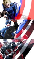  absurdres animification blonde_hair blue_eyes brown_hair bucky_barnes captain_america captain_america_(series) closed_mouth commentary facial_hair gaeccc_bal highres long_sleeves male_focus marvel multiple_boys sam_wilson shield short_hair simple_background star_(symbol) steve_rogers superhero_costume untranslatable_commentary 