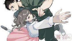  1boy 1girl amputee artist_name black_eyes black_hair black_ribbon black_shoes brown_eyes brown_hair closed_mouth commentary face_piercing fear_&amp;_hunger_(series) fear_&amp;_hunger_2:_termina frilled_shirt_collar frills green_jumpsuit grey_shorts highres jumpsuit levi_(fear_&amp;_hunger) long_hair long_sleeves looking_at_viewer marina_(fear_&amp;_hunger) mogepiko mouth_piercing neck_ribbon open_mouth piercing pink_skirt qr_code ribbon shirt shirt_tucked_in shoes short_hair shorts simple_background skirt socks white_background white_shirt white_socks 