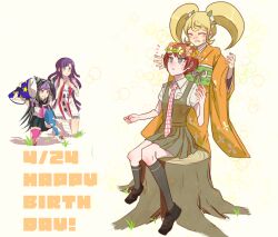  4girls apron asymmetrical_legwear bandaged_arm bandaged_leg bandages black_hair black_shoes black_skirt blonde_hair blue_hair blue_streaks blush blush_stickers bow breast_pocket closed_eyes collared_shirt commentary_request danganronpa_(series) danganronpa_2:_goodbye_despair dated dress elbow_gloves fingerless_gloves flower freckles gloves grass green_bow green_dress green_eyes green_sash green_socks grin hair_bow hair_horns happy_birthday head_wreath holding japanese_clothes kimono kneehighs kneeling koizumi_mahiru long_hair long_sleeves mioda_ibuki mismatched_legwear mismatched_thighhighs multicolored_gloves multicolored_hair multiple_girls neckerchief necktie obi on_one_knee on_tree_stump orange_kimono pinafore_dress pink_eyes pink_hair pink_neckerchief pink_shirt pink_streaks plaid_clothes plaid_necktie pocket purple_hair red_hair red_necktie saionji_hiyoko sash scrunchie shinshishinc shirt shoelaces shoes short_hair short_sleeves simple_background single_elbow_glove single_fingerless_glove sitting skirt sleeveless sleeveless_dress smile socks streaked_hair striped_clothes striped_gloves sweatdrop teeth thigh-highs torn_clothes torn_thighhighs tree_stump tsumiki_mikan twintails two-tone_gloves very_short_hair violet_eyes white_apron white_background white_hair white_shirt wrist_scrunchie 