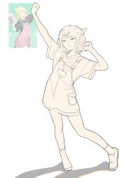  1girl :< :d ^_^ arm_up black_shirt black_shoes bow closed_eyes closed_mouth cup food hair_bow hair_ornament hand_up highres holding holding_cup kagamine_rin kowareta_sekai_to_utaenai_miku leg_up lineart makka_potato official_alternate_costume official_art_inset open_mouth overalls pink_skirt popcorn project_sekai reference_inset shirt shoes short_sleeves simple_background skirt smile socks standing stretching suspenders tongue triangle vocaloid white_background white_bow white_socks x_hair_ornament 