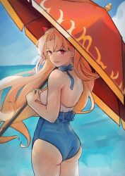  1girl ass blonde_hair blue_sky commentary elun_(elun_00) english_commentary ereshkigal_(fate) ereshkigal_(swimsuit_beast)_(fate) fate/grand_order fate_(series) from_behind highres holding holding_umbrella long_hair looking_at_viewer looking_back ocean one-piece_swimsuit open_mouth sky smile swimsuit twintails umbrella under_umbrella 