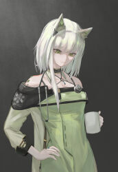  1girl absurdres animal_ears arknights bare_shoulders black_background cat_ears cat_girl closed_mouth collarbone commentary dasora0668 dress drink green_dress green_eyes grey_hair halter_dress halterneck hand_on_own_hip highres holding holding_drink jewelry kal'tsit_(arknights) looking_down material_growth off_shoulder oripathy_lesion_(arknights) ring short_hair_with_long_locks solo star_of_life stethoscope stethoscope_around_neck 