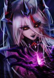  1girl absurdres alternate_costume armor artist_name black_lips blue_background close-up closed_mouth commentary dragon_girl dragon_horns electricity erasxd eyeshadow finger_claws glowing glowing_eyes grey_hair hair_between_eyes hair_ornament highres horns long_hair looking_at_viewer makeup multicolored_hair neverness_to_everness official_alternate_costume orange_eyes shade shinku_(dragonhunter)_(nte) shinku_(nte) smokey_eyeshadow solo streaked_hair suit untranslatable_commentary upper_body watermark wavy_hair 