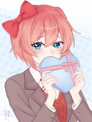  1girl absurdres artist_name blue_background blue_eyes blush bow box collared_shirt covering_own_mouth doki_doki_literature_club gift gift_box hair_between_eyes hair_bow hands_up heart heart-shaped_box highres holding holding_gift jacket long_sleeves looking_at_viewer neck_ribbon pink_bow pink_hair red_bow red_ribbon ribbon sayori_(doki_doki_literature_club) school_uniform shirt short_hair simple_background solo upper_body valentine white_background white_shirt yukiooromi 