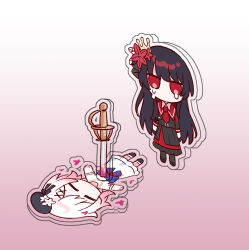  2girls acrylic_stand_(object) armband beret black_capelet black_hair black_hat black_pantyhose black_shirt black_shoes black_skirt bug butterfly capelet closed_eyes collared_shirt commentary_request crown crying crying_with_eyes_open flower gradient_hair hair_flower hair_ornament hat hat_flower hat_ribbon highres layered_skirt long_hair long_skirt long_sleeves mahou_shoujo_no_majo_saiban mini_crown multicolored_hair multiple_girls necktie nikaido_hiro overskirt pantyhose pink_background pink_butterfly pink_hair planted planted_sword pleated_skirt rapier red_armband red_eyes red_flower red_necktie red_skirt ribbon sakuraba_ema shirt shoes short_hair side_capelet simple_background skirt spoilers stab sword tears touming_jun weapon white_flower white_hair white_shirt x_hair_ornament 