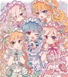  5girls :d :o ;d blonde_hair blue_dress blue_eyes blue_hair blue_ribbon closed_mouth colored_eyelashes commentary_request dress frilled_dress frills green_dress green_eyes green_hat green_headdress green_ribbon hat heart heart_hands long_hair mahou_shoujo_no_majo_saiban mini_hat mini_top_hat multiple_girls natsume_an-an neck_ribbon one_eye_closed open_mouth orange_ribbon pink_dress pink_eyes pink_headdress purple_headdress purple_ribbon ribbon saeki_miria sakuraba_ema short_hair smile tachibana_sherry tono_hanna top_hat toruriri0718 violet_eyes white_hair wrist_cuffs 