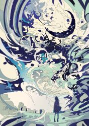 1girl abstract absurdres black_hair clouds commentary facing_away from_behind hato_(n_hat_mu) highres ligne_claire long_sleeves original school_uniform serafuku shirt short_hair skirt sky solo water waves wide_shot wind 