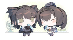  2girls akizuki_(kancolle) black_bodysuit black_hair blush bodysuit chibi chibi_only closed_eyes electric_fan food fruit gloves hachimaki hair_between_eyes hair_flaps hatsuzuki_(kancolle) headband highres kantai_collection long_hair melon multiple_girls ponytail rerog short_sleeves siblings simple_background sisters sitting skirt smile tupet yellow_eyes 