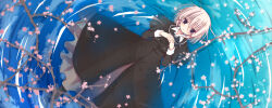  1girl black_capelet black_dress blue_ribbon blush branch capelet cherry_blossoms collared_shirt commentary day dress dress_shirt dutch_angle eyes_visible_through_hair flower foot_out_of_frame from_above grey_hair hair_between_eyes hair_ornament hands_up highres interlocked_fingers kagurazaka_(zwyz7227) long_sleeves looking_at_viewer lying medium_hair natsume_shizuku neck_ribbon on_back open_mouth outdoors own_hands_together pink_flower ribbon ripples sakura_no_uta school_uniform shirt solo violet_eyes water white_shirt x_hair_ornament 