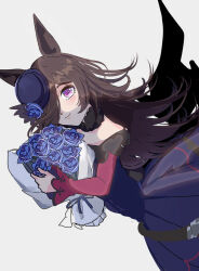  1girl animal_ears bare_shoulders blue_dress blue_flower blue_hat blue_rose blush bouquet brown_hair closed_mouth commentary dress flipped_hair flower fur_choker hair_over_one_eye hat hat_flower highres hissinikaiteru holding holding_bouquet horse_ears horse_girl long_hair long_sleeves looking_at_viewer off-shoulder_dress off_shoulder rice_shower_(rosy_dreams)_(umamusume) rice_shower_(umamusume) rose simple_background smile solo tilted_headwear umamusume violet_eyes 