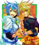  blonde_hair blue_hair double_arts figarette_elraine green_eyes hand_holding holding_hands hoodie kiri_luchile looking_back nanatsu_maka open_mouth red_eyes short_hair smile t-shirt wristband 