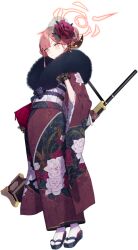  1girl arm_at_side aru_(blue_archive) aru_(new_year)_(blue_archive) black_gloves black_sandals blue_archive blush brown_horns closed_mouth doremi_(doremi4704) floral_print floral_print_kimono flower frilled_sleeves frills full_body fur-trimmed_kimono fur_collar fur_trim game_asset gloves gun gun_sling h&amp;k_psg1 hair_bun hair_flower hair_ornament halo highres holding horn_ornament horns japanese_clothes kimono lace lace_gloves large_variant_set long_sleeves looking_at_viewer obi official_art orange_halo pink_hair print_kimono red_flower red_kimono red_rose rifle rose sandals sash short_hair sidelocks simple_background sniper_rifle socks solo standing sweat tabi tachi-e third-party_source transparent_background v-shaped_eyebrows variant_set weapon white_socks wide-eyed wide_sleeves yellow_eyes 
