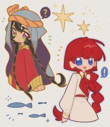  ! 2girls :d ? absurdres black_hair blue_eyes blue_outline braid commentary cropped_torso dark-skinned_female dark_skin english_commentary fish green_eyes grey_hijab highres hijab kamikami278 lala_(sayonara_lara) long_hair long_sleeves multicolored_eyes multiple_girls notice_lines open_mouth outline red_hair sayonara_lara single_braid sitara smile sparkle spoken_exclamation_mark spoken_question_mark tenmaku_no_jaadugar twin_braids two-tone_eyes violet_eyes yellow_outline 
