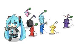  1girl ahoge blue_eyes blue_hair blue_necktie blue_pikmin blush_stickers chibi chibi_only closed_mouth commentary_request detached_sleeves double-parted_bangs flying_sweatdrops hair_between_eyes hatsune_miku ice_pikmin long_hair musical_note necktie nukotun pikmin_(creature) pikmin_(series) pointing purple_pikmin red_pikmin rock_pikmin simple_background smile twintails very_long_hair vocaloid walking whistle_in_mouth white_background white_pikmin winged_pikmin yellow_pikmin 